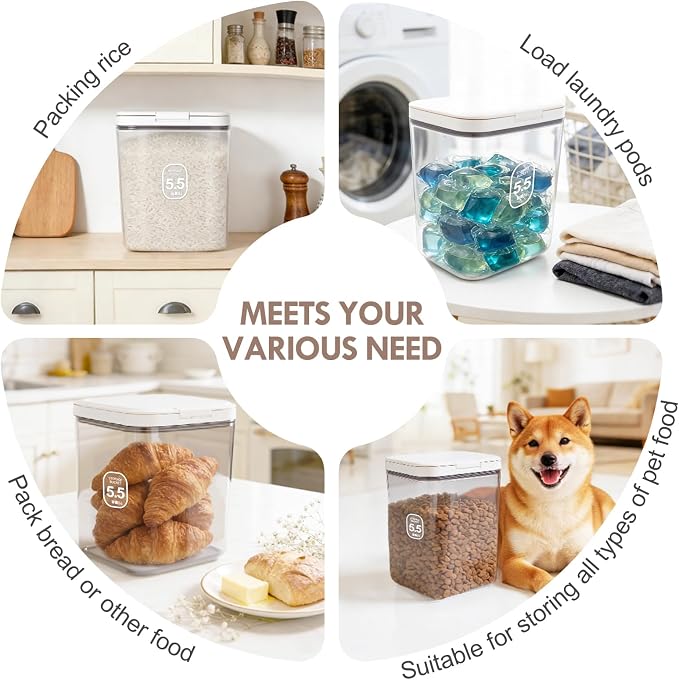 LEAWALK 5-7Lbs/5.81Qt/5.5L Airtight Dog Cat Food Storage Container and Pet Storage Bin BPA-Free. PET Clear Stackable Dog Treat Containers for Pet Food/Rice/Dry/Cereals/Flour/Sugar/Bread