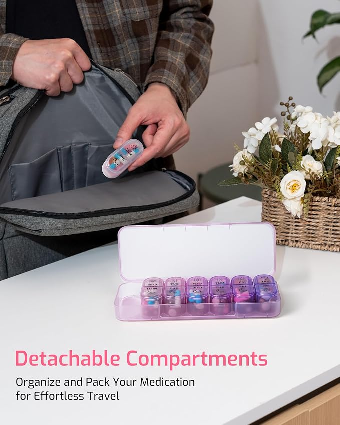 Daviky Pill Organizer 2 Times a Day, AM PM Pill Organizer Box Weekly 7 Day | Portable Travel Pill Organizer, Cute & Compact, Easy-Open Large Compartments, Reusable for Pills, Vitamins & Supplements