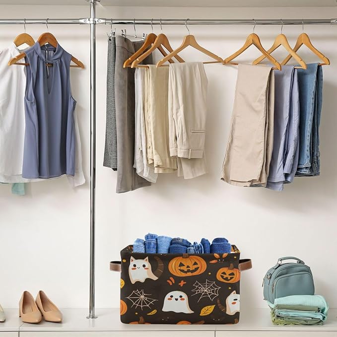 Kigai Storage Basket, Fabric Collapsible Closet Organizer Bin | Halloween Boo Pumpkins Waterproof Foldable Canvas Basket with Handles for Shelves, Nursery, Closet, Bedroom & Bathroom