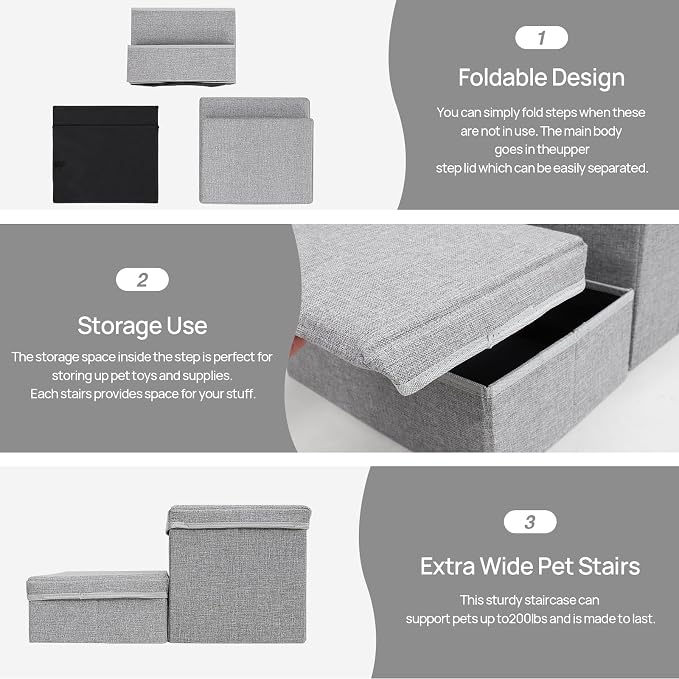 Linen Foldable Dog Stairs with Storage | 2-Step Pet Steps for High Beds & Couch, Non-Slip Dog Ladder for Small & Medium Dogs and Cats, Light Grey