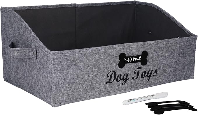 Large Dog Toy Basket Collapsible Dogs Toy Box Fabric Trapezoid Dog Toys Bin Storage for organizing pet Toys/Blankets/leashes/Rope Toys/Clothing-Can be Personalized-Gray