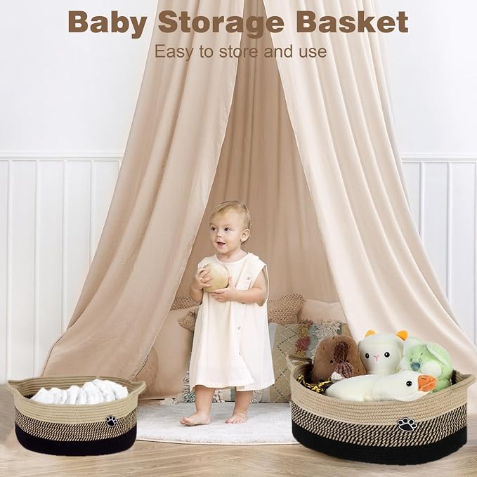 Optish 25L Dog Toy Basket,16.5" x 11" x 9" Medium Toy Storage Box and Bin with Handles, Woven Rope Foldable Basket for Blankets, Living Room, Bedroom, Home Decor, Black & Brown