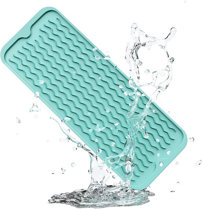 ZLR Small Dish Drying Mat for Kitchen Counter, 6"x17", Mint Green | Narrow Silicone Drainer for Apartment, Dorm & RV, Wavy Ridges Quick-Dry, Non-Slip, Rolls Up, Dishwasher Safe