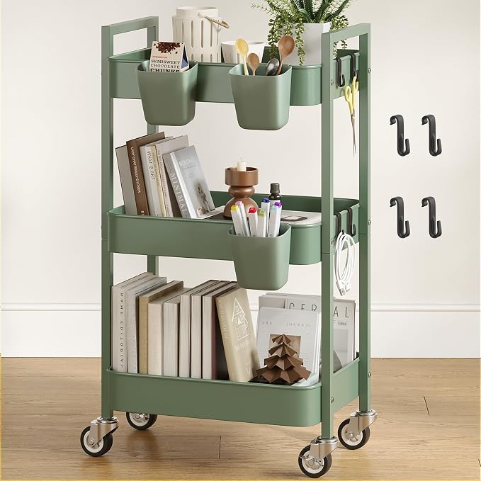 Nunsino 3 Tier Rolling Cart,Utility Cart with Locking Wheels, Hanging Cups,&Hooks, Heavy Duty Metal Storage Organizer Cart for Kitchen,Office, Bathroom,Craft Room,Green