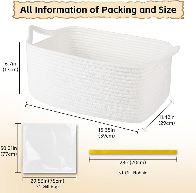 OIAHOMY 19L Woven Basket, Gift Basket Empty with Gift Bags and Ribbons, Rope Baskets for Baby Showers, Storage Baskets with Handles for Nursery, Pet Toy Organizer - White