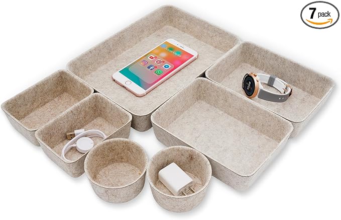 Welaxy 7pc Scandinavian Felt Desk Drawer Organizer Oatmeal Catchall Tray