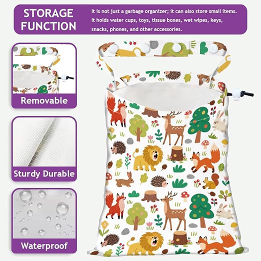 Plants Animals Strap Drawstring Car Trash Bag Hanging Garbage Bag with Snap Buttons Car Back Seat Trash Storage Portable Dustbin Vehicle Trash Can Bag for Vehicle Accessories Travel Camping