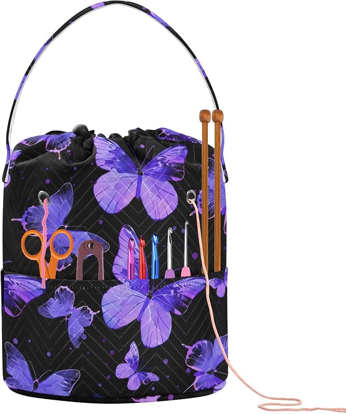 Fustylead Hand Draw Purple Butterflies Silhouette Large Crochet Organizer, Durable Polyester Drawstring Basket Yarn Storage Bag for Crochet Hooks, Knitting Needles, Project and Sewing Supplies