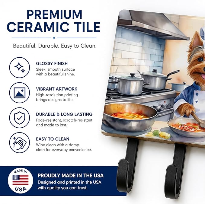Caroline's Treasures Silky Terrier The Chef Leash or Key Holder Wall Hooks, Key Hooks Holder, Coat Rack Wall Mount, Coat Hooks, Hooks for Hanging Keys, Towels, Aprons, Leashes | Silky Terrier The Chef artwork on ceramic tile with three steel hooks for ...