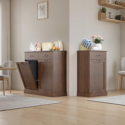 njnj 26 Gallons Double Tilt Out Trash Can Cabinet, 2x13 Gallons Hidden Kitchen Trash Cabinet with Storage Drawers, Pet Proof Hidden Garbage Can for Kitchen, Laundry Room, Bathroom Wood Brown