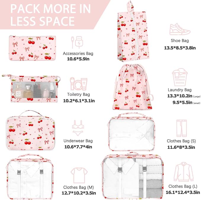 KPX 8 Set Packing Cubes for Travel, Luggage Packing Organizers Accessories Large Toiletries Bag for Clothes Shoes Cosmetics (8Set-Cherry & Bow)