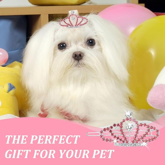 2Pcs Gem Rhinestone Dog/Cat Tiara Crown, Crystal Rhinestone Hair Accessories, Tiara Clips for Rolyal Family Costume Hair Accessories (Pink)