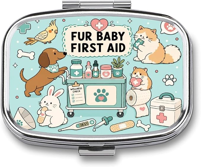 Cute Pet First Aid Essentials Two Compartment Pill Box Medicine Organizer, Portable Pill Case with Secure Snap Closure for Vitamins Medication Supplements Daily Use