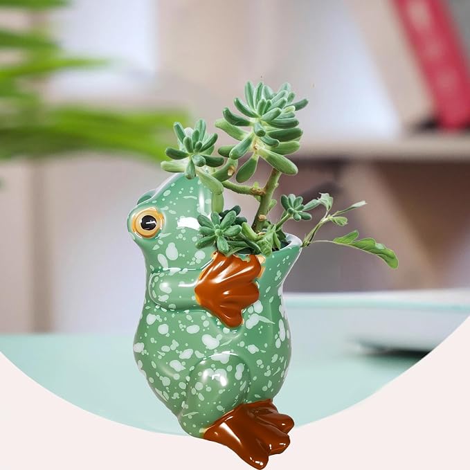 Ceramic Frog Shaped Pen Pencil Holder for Desk Decoration Accessories Frog Decor Makeup Brush Pen Cups Succulent Plant Pot Office School Ideal Gifts for Women, Mom or Birthdays