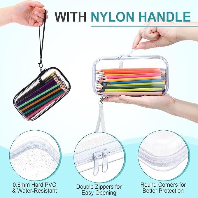 Sanwuta 4 Pcs Clear Hard Shell Zipper Case Clear Travel Pouches Bulk Plastic Portable Travel Organizer Bin with Mesh Pocket Toiletry Pouch Cosmetics Makeup Bag Snack Toiletry Bag(Black and White)