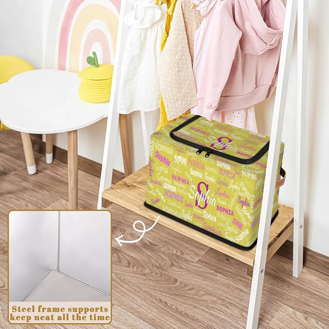 Personalized Name Storage Basket with Zipper Lid, Canvas Storage Bins Toys Clothes Organizer for Bedroom, Kitchen, Bathroom, Nursery, Shelves, Closets, Lemon Yellow Background