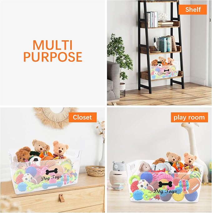 Morezi Dog Toy bin Basket Storage in Plastic Front Shallow Designed Dog Toy Organizer Great for Collecting pet chew Toys leashes Clothing in Living Room Area playroom Closet Shelf Gift Basket
