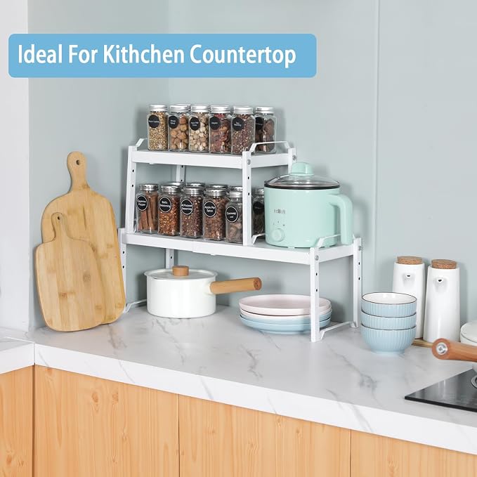 Set of 2 Expandable Kitchen Cabinet Shelves Organizers, Stackable Adjustable Small Storage Shelf Rack Stand For Pantry Cabinet Cupboard Kitchen Counter Organization, 22 lbs Capacity, Length:20.5"