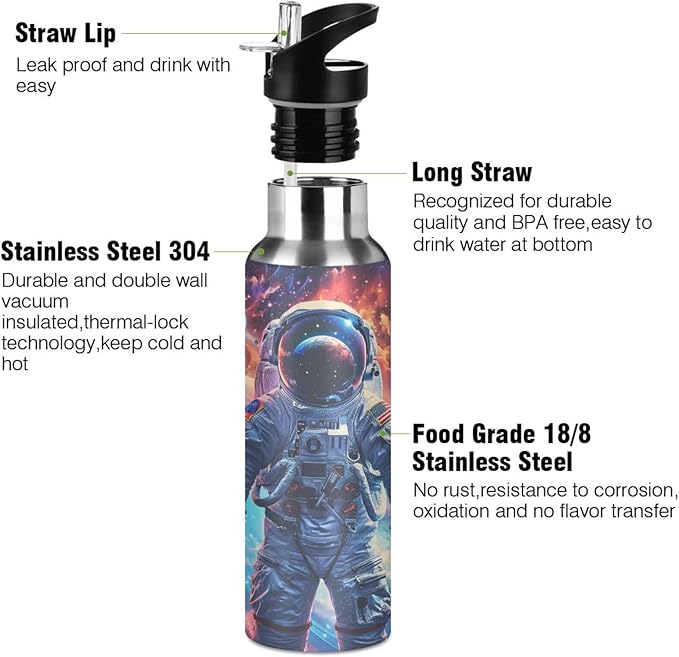 Astronaut Planets Galaxy Space Water Bottle with Straw Lid Kids Insulated Stainless Steel Water Flask Sports, 20 Oz Hot Cold