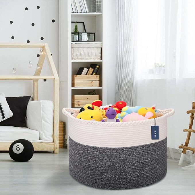 COMSE XXXLarge Woven Blanket & Laundry Basket, 87L, White & Black | 21.7" x 13.8", Cotton Rope, Nursery Hamper for Storage of Toys Clothes Towels, Ideal for Living Room Bedroom Bathroom