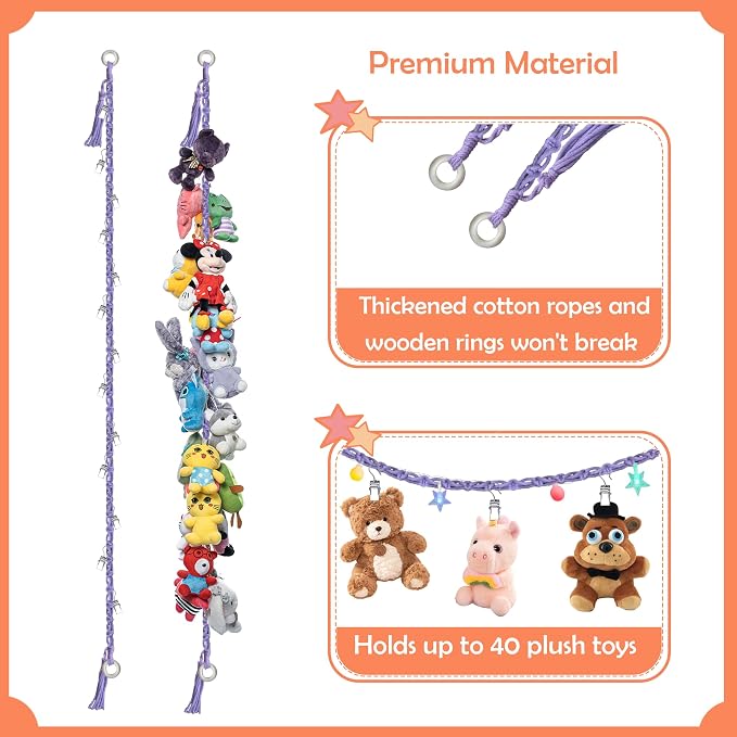 2PCS Stuffed Animals Storage Chain Organizers 80" Cotton Hanging Storage Chain with 2x 10 Led Light 40 Metal Clips Stuffed Animal Display Holder Chain for Nursery Play Room (Purple)