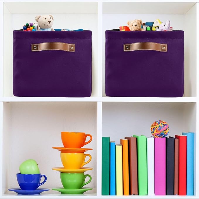Wamika Happy Mardi Gras Purple Storage Basket with Waterproof Liner and PU Handles Fleur de Lis Storage Bins Boxes 14.2" Collapsible Decorative Organizer Baskets for Bedroom Closet Office 2 Pack