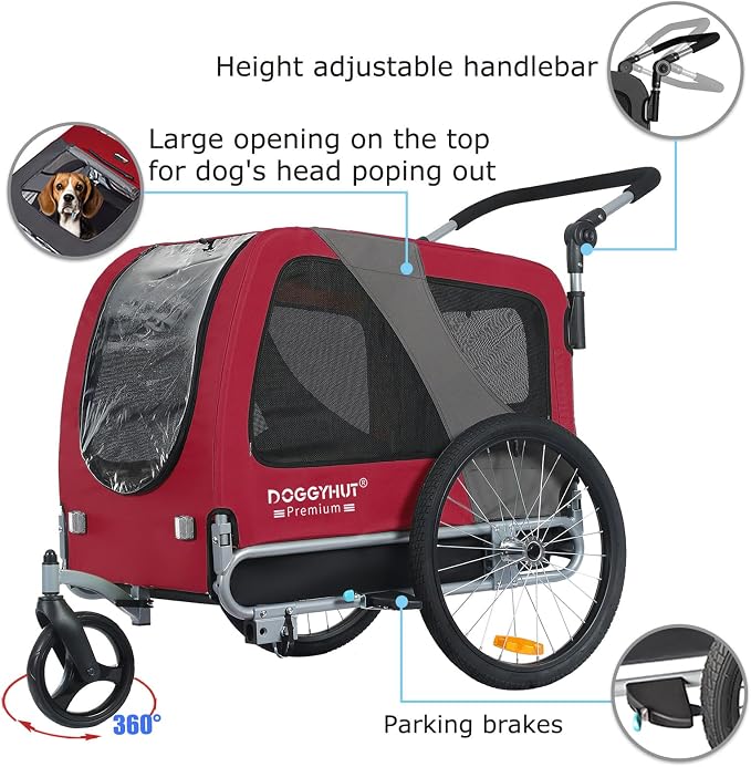 DOGGYHUT® Premium Large Pet Bike Trailer & Stroller Up to 77 lbs (Red) | Bicycle Trailer for Small Medium or Large Dogs, Dog Bicycle Carrier, Low Center of Gravity, Folding Frame Cart