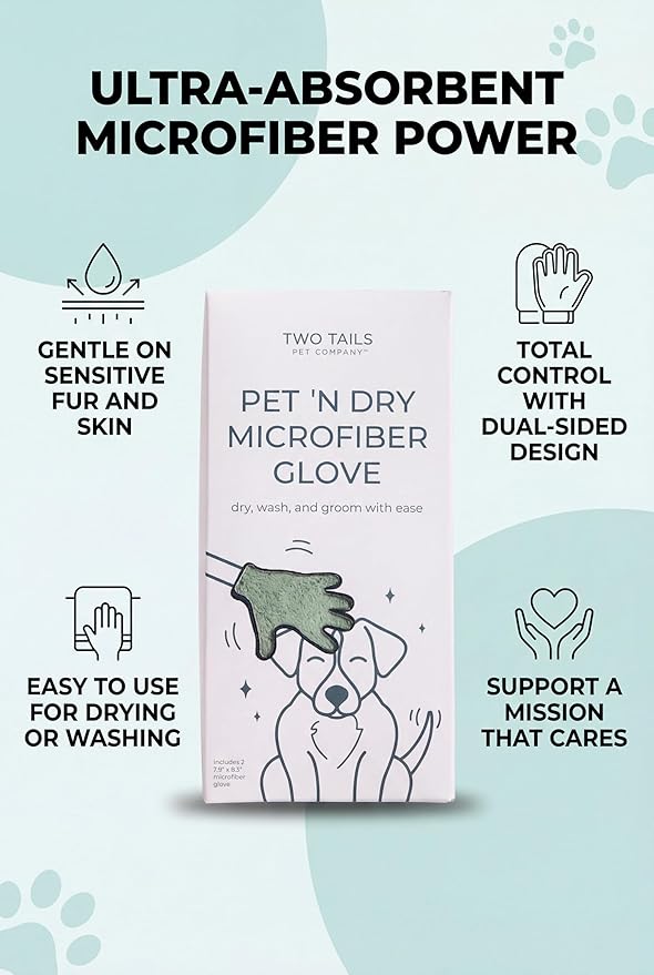 Two Tails Pet Company Pet N’ Dry Microfiber Gloves, Absorbent Dog Drying and Washing Gloves for Paws, Faces, and Coats, Soft, Lightweight, Fast Drying, Gentle on Sensitive Fur, Grooming Dog Supplies