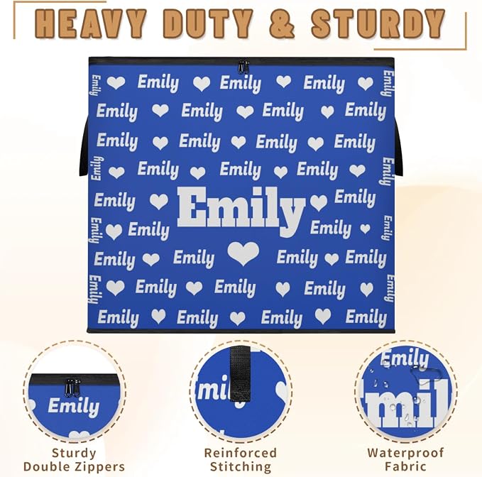 Personalized Extra Large Storage Basket with Lid, Comforters, Bedding Toys Navy Blue Love Heart Storage Bin with Handles for Home, Collapsible Basket for Clothes, Moving, Car Trunk
