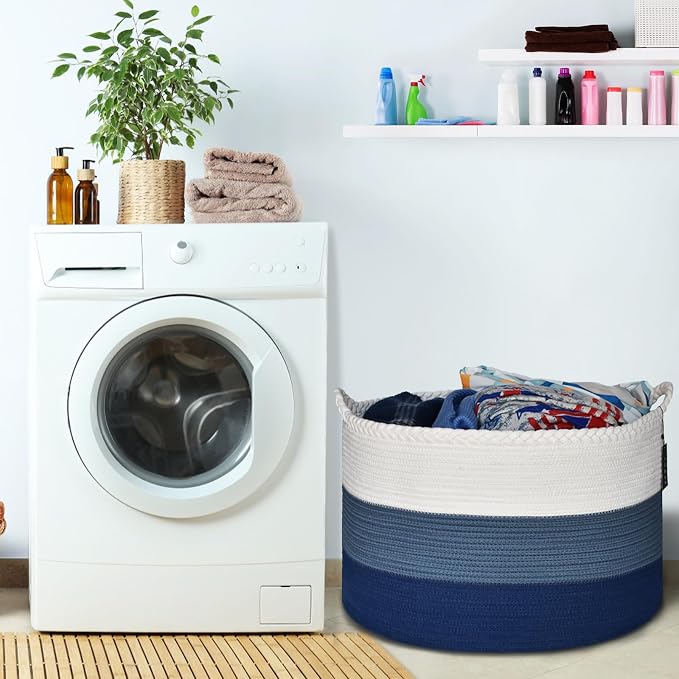 COMSE XXXLarge Woven Blanket & Laundry Basket, 87L, White & Blue | 21.7" x 13.8", Cotton Rope, Nursery Hamper for Storage of Toys Clothes Towels, Ideal for Living Room Bedroom Bathroom