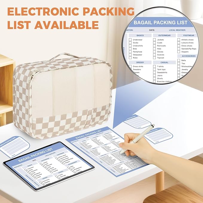 BAGAIL 9 Set Packing Cubes with Packing List Luggage Packing Organizers for Travel Accessories (Khaki checkered)