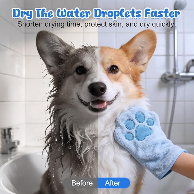 Paw Bathing Towel for Cats Puppy, Reusable Absorbent Quick-Dry Pet Grooming Towel, Soft Bath Mitt for Dirt Odor Removal, Daily Care and Travel, for Dogs & Cats (Blue)