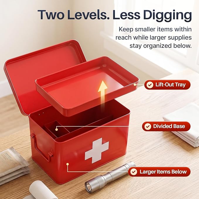 Flexzion Large Metal First Aid Box Empty, 8.5-Inch, Red with White Cross | Vintage Medicine Box and First Aid Storage Organizer with Removable Tray and Dividers; Empty Box Only, Supplies Not Included