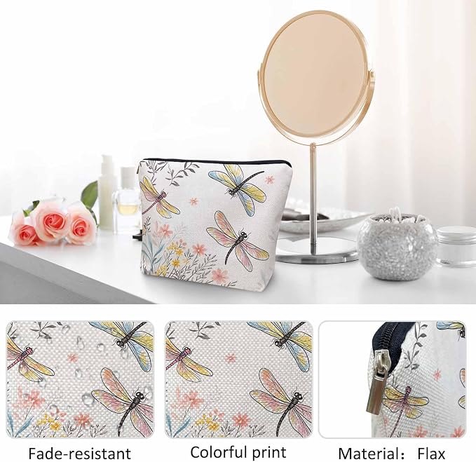 Makeup Bag For Purse Dragonfly, Garden Dragonflies Flowers Nature Cosmetic Bags For Women With Zipper Travel Toiletry Pouch Makeup Bags Makeup Organizers Purse For Toiletries Cosmetics