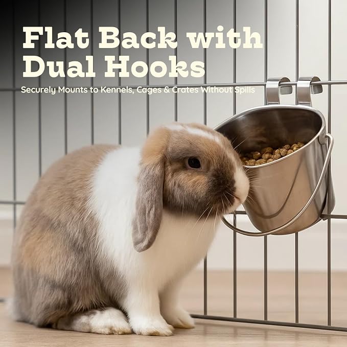 Stainless Steel Flat Side Bucket with Dual Hooks 2 Quart (0.5Gallon)– Heavy Duty Hanging Dog Water & Food Bowl Kennel, Cage & Crate, Durable Pet Pail for Dogs, Cats, Birds & Small Animals