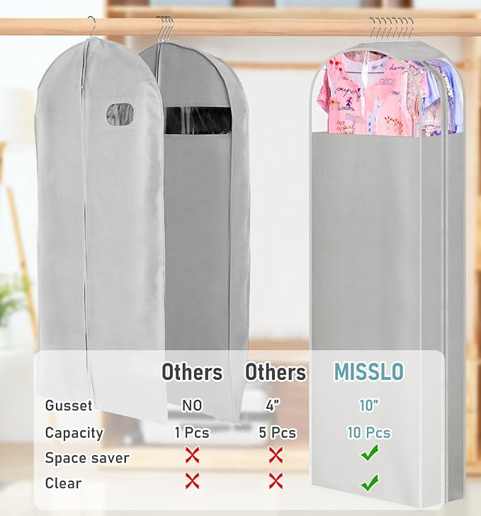 MISSLO 10" Gusseted Garment Bags for Hanging Clothes 40"+60" Clear Suit Bags for Closet Storage Dress Bag for Gowns Long Coat Protector, 3 Packs, Grey