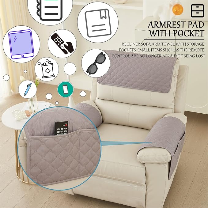 Water-Resistant Sofa Armrest and Headrest Covers, 2 Pockets | Quilted polyester helps shield recliners, loveseats and sofas from daily wear; silicone backing and fasteners improve grip