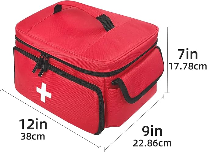 First Aid Bag Empty First Aid Kit Storage Box 12" x 9" x 7" Medical Bag Portable Pill Bottle Organizer Case for Car, Travel, Office, Outdoor, Camping, Hiking, School (Red)