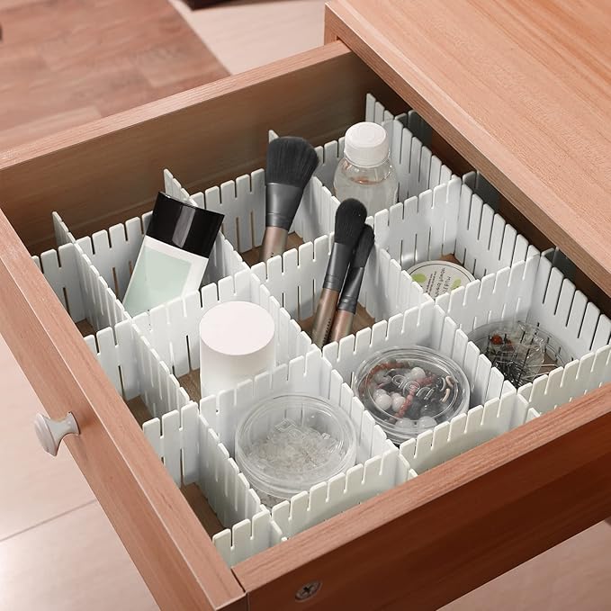 JOIKIT 64 Pack White Plastic DIY Grid Drawer Dividers, Adjustable Drawer Divider Organizer, Household Storage Makeup Socks Underwear Organizer