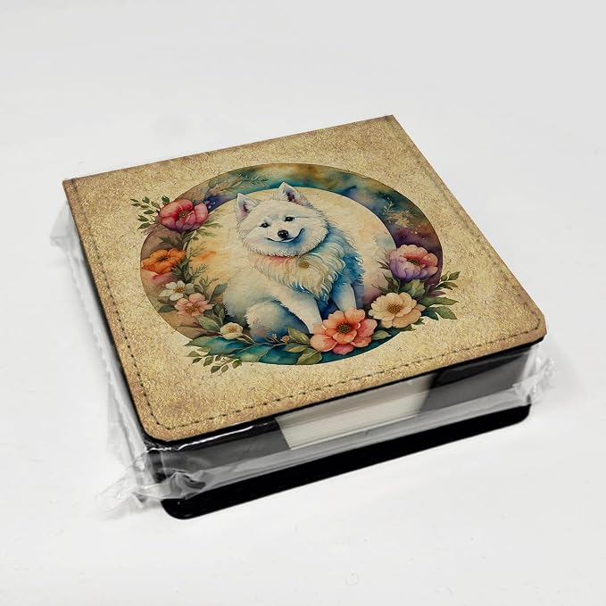 Caroline's Treasures American Eskimo and Flowers PU Leather Note Paper Holder with Artist-Designed Cover, Desk Accessory, Office Gift