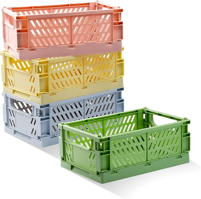 4 Pack Pastel Crates for Storage, Plastic Folding Basket, Colorful Small Storage Containers for Bedroom Office Classroom Bathroom Desktop Drawer Organizer Decor (9.8x6.5x3.8inch)