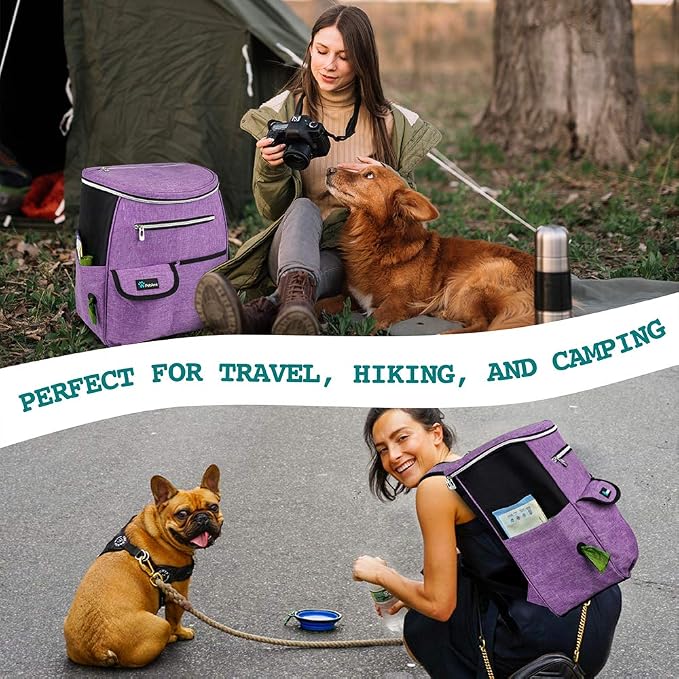 PetAmi Dog Travel Backpack 27L Airline Approved Pet Supplies Bag, Purple | Cat Traveling Suitcase Organizer for Weekend Road Trip Camping; 2 Food Containers, 2 Collapsible Bowls & Poop Bag Dispenser