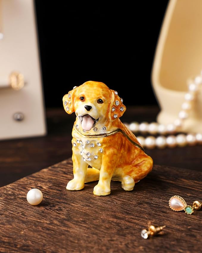 Hand Painted Trinket Box Enamel Vintage Jewelry Box Hinged Metal Jewelry Organizer Decorative Treasure Box Unique Gifts Dog A