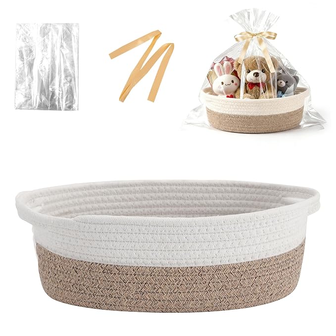 Basket for Gifts Empty, Small Woven Basket with Bags and Ribbons, Baby Toy Baskets with Handles, Wicker Storage Bin for Baby Showers or Pet Toy (White & Brown, 1 Pack (12"x 8"x 3.74"))