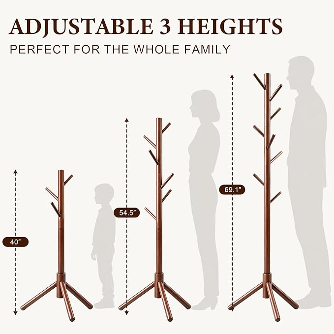Wooden Coat Rack Freestanding with 8 Hooks & 3 Adjustable Sizes for Clothes, Space-Saving Design for Bedroom Office Entrance Holds Hats Coats Scarves Bags