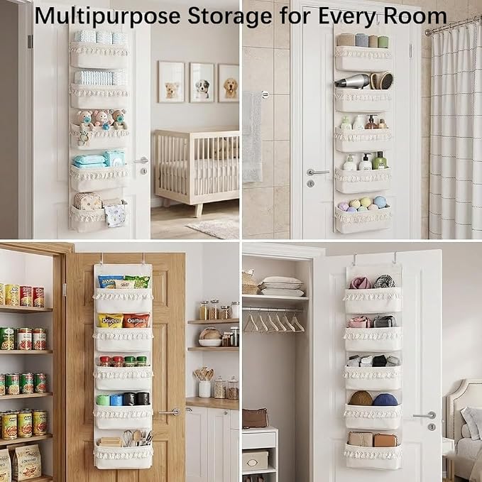 Over The Door Organizer, Pet Supplies Hanging Storage Rack, Beige | Boho Canvas 5-Tier Pocket With Tassels. Features PE Front, Wipeable Bottom & 44lbs Capacity. Ideal For Bathroom & Nursery.