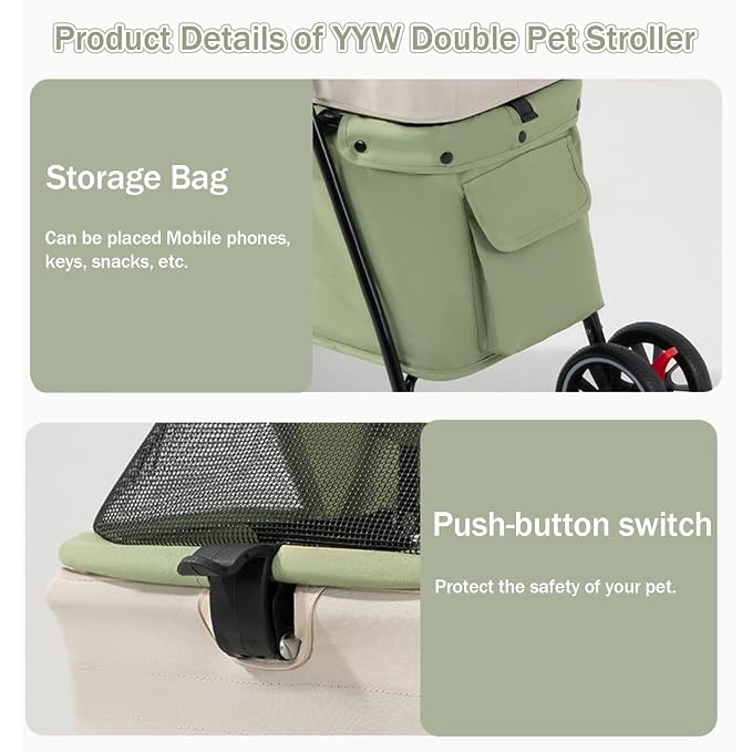 YYW Double Pet Stroller Foldable 2 Carriages Lockable Wheels Khaki | Travel Strolling Cart, Top Detachable Carrier, Ideal for Multi-Pet Families, Small Dogs & Cats, Outdoor Walks & Vet Visit