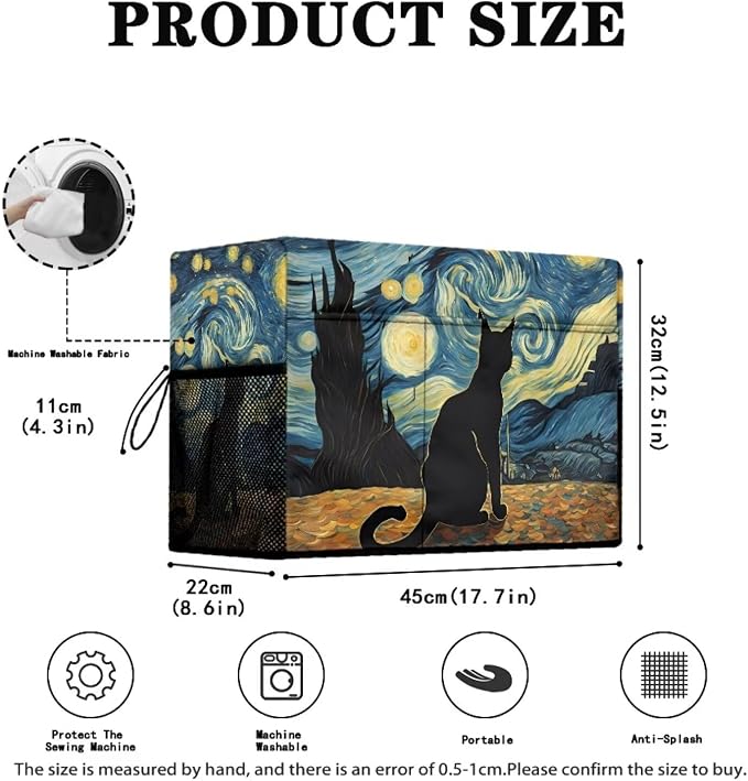 Classic Starry Night Themed Sewing Machine Cover with Black Cat Artwork, Heavy-Duty Dust & Pet Hair Protection with Storage Pocket, Fits Brother, Singer, Janome Machine (Blue)