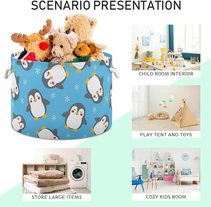 DOMIKING Large Storage Basket for Toys Christmas Snow Penguin Blue Pattern Storage Bin Box Organizer Basket for Laundry Hamper Kid's Room Baby & Dog Toy