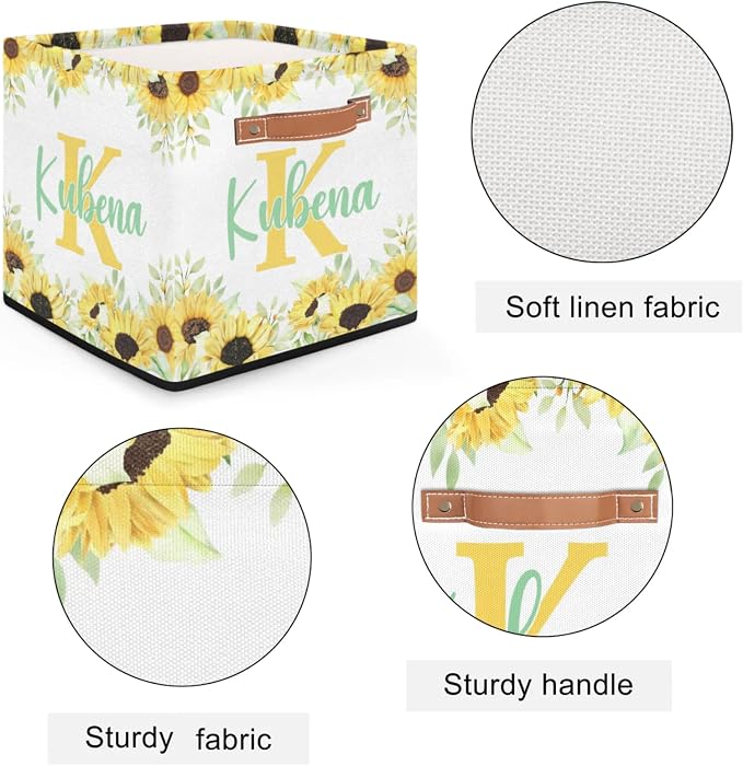 Personalized Initial-Name Sunflower Storage Baskets for Girls Women, Custom Portable Square Storage Bins with Handles Foldable Organizer for Clothes, Toys, Blanket, Towel,Pet 13”